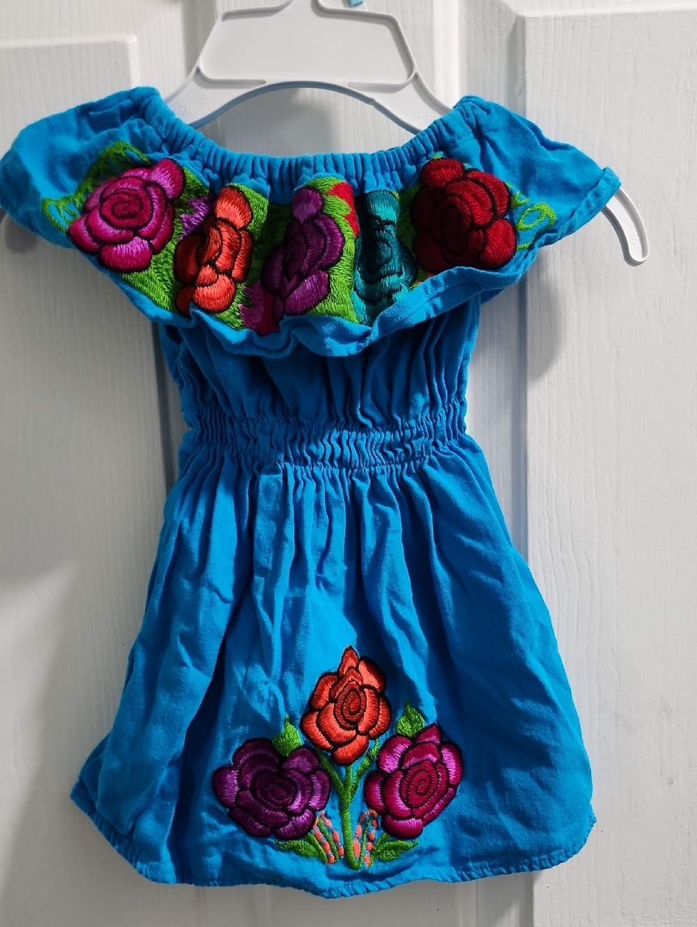 Bright Blue Girls' Off-Shoulder Floral Embroidered Dress